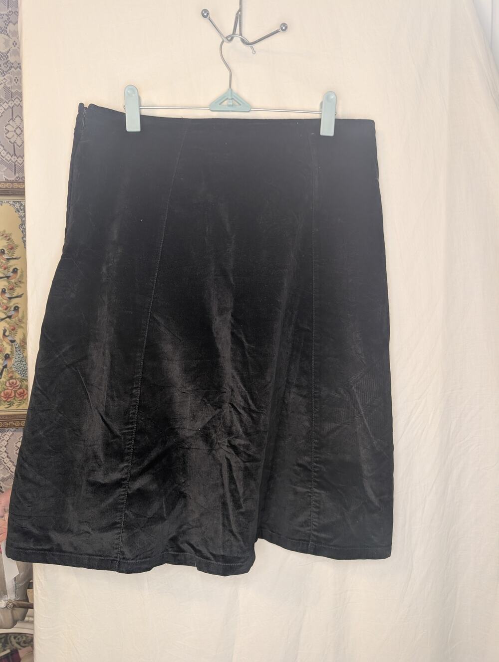 Vintage Eddie Bauer Black Velvet Midi Skirt Side Zip Stretch 90's Y2K Whimsigoth